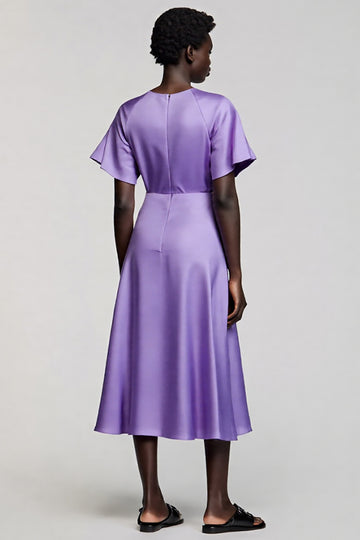 Satin Purple A Line Midi Dress with Flutter Sleeves
